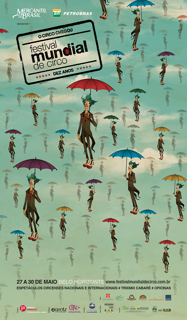 Popcorn Comunicação Festival Mundial de Circo 2010 publicidade design palhaço cartaz guarda-chuva desenho Magritte